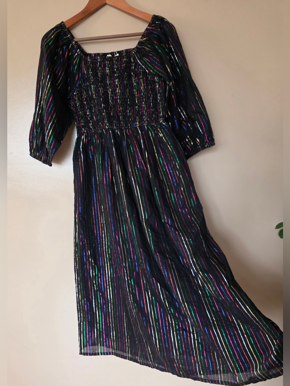 Sugarhill Brighton Lillian Shirred Midi Dress 4 Metallic Rainbow Whimsical Artsy